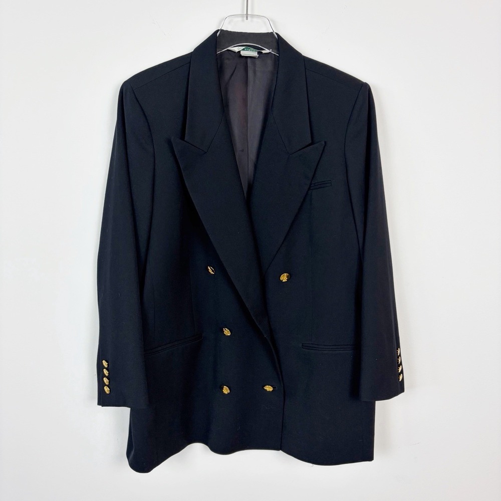 Austin Reed 100% Wool Blazer Size 18 WP Black Double Breasted Gold Buttons USA